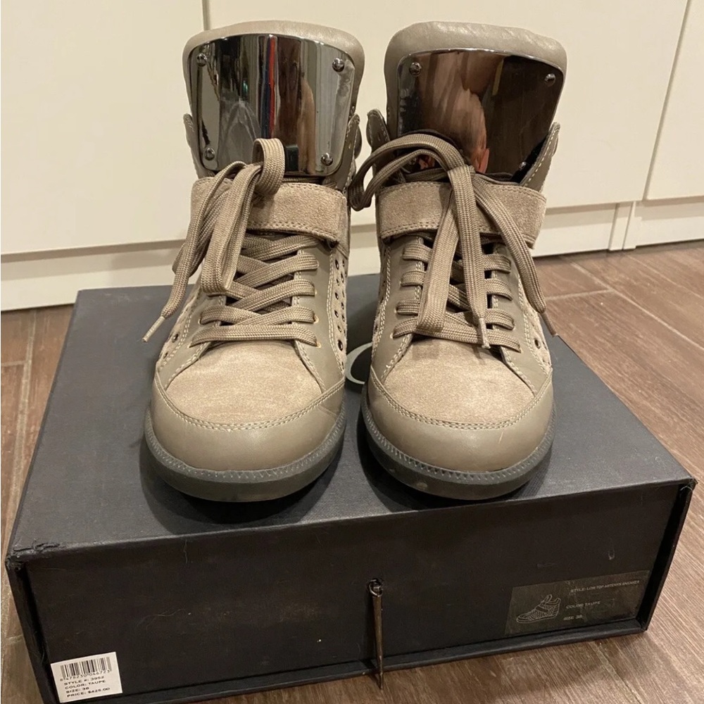 Pre-owned Monika Chiang Womens Size 38 High Top Leather Sneakers Taupe $425
